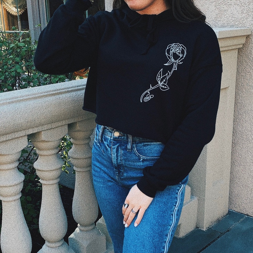 Black Cropped Rose Hoodie